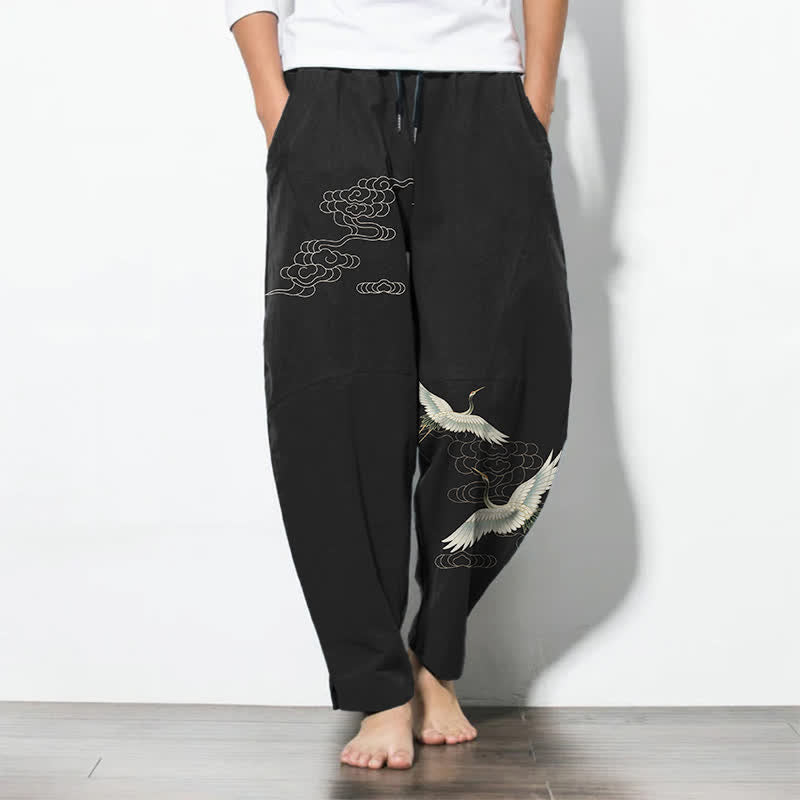 Buddha Stones Pure Cotton White Crane Clouds Pattern Drawstring Men's Tapered Pants With Pockets
