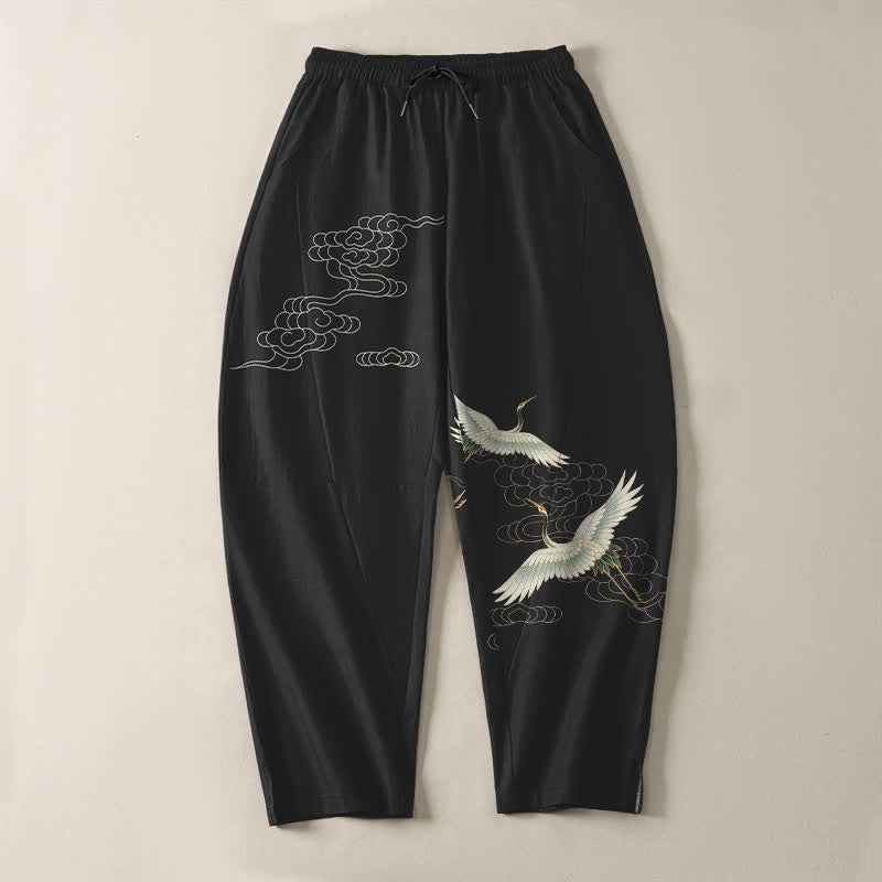 Buddha Stones Pure Cotton White Crane Clouds Pattern Drawstring Men's Tapered Pants With Pockets