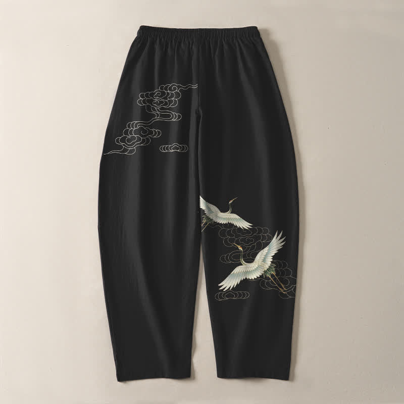 Buddha Stones Pure Cotton White Crane Clouds Pattern Drawstring Men's Tapered Pants With Pockets