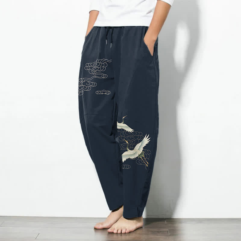 Buddha Stones Pure Cotton White Crane Clouds Pattern Drawstring Men's Tapered Pants With Pockets