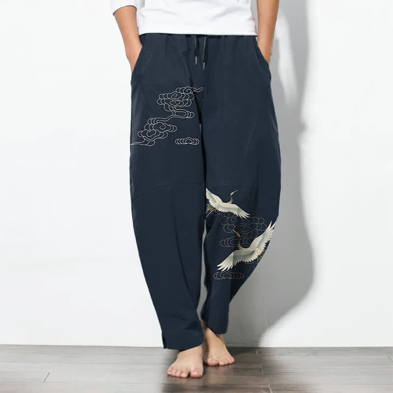 Buddha Stones Pure Cotton White Crane Clouds Pattern Drawstring Men's Tapered Pants With Pockets