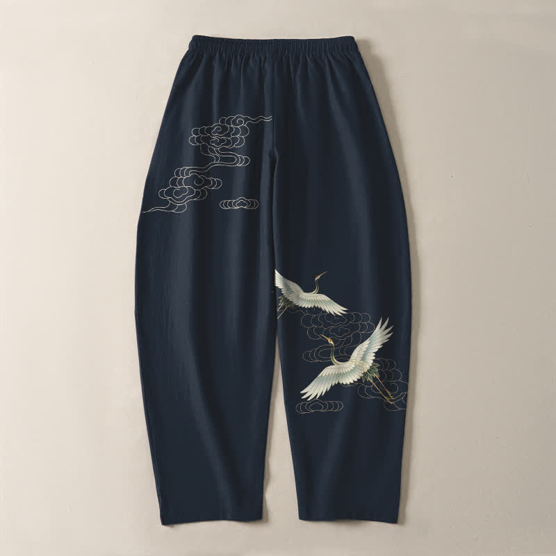 Buddha Stones Pure Cotton White Crane Clouds Pattern Drawstring Men's Tapered Pants With Pockets
