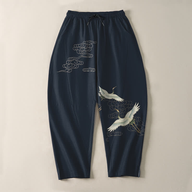 Buddha Stones Pure Cotton White Crane Clouds Pattern Drawstring Men's Tapered Pants With Pockets