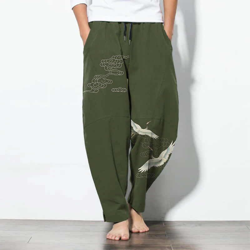Buddha Stones Pure Cotton White Crane Clouds Pattern Drawstring Men's Tapered Pants With Pockets