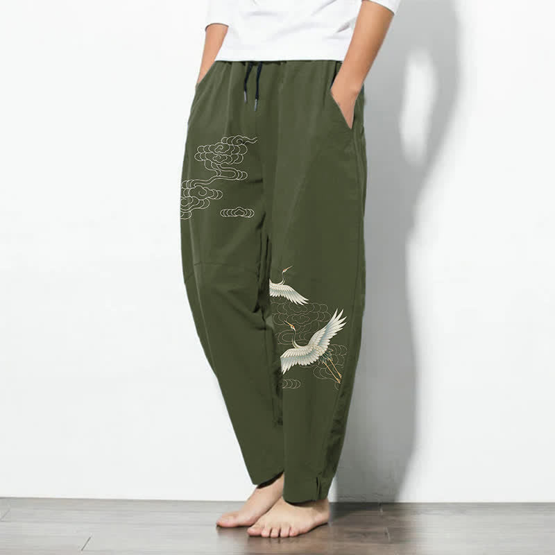 Buddha Stones Pure Cotton White Crane Clouds Pattern Drawstring Men's Tapered Pants With Pockets