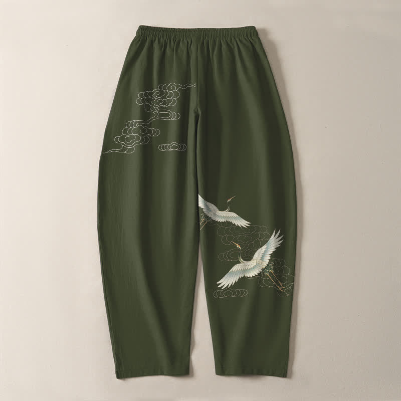 Buddha Stones Pure Cotton White Crane Clouds Pattern Drawstring Men's Tapered Pants With Pockets