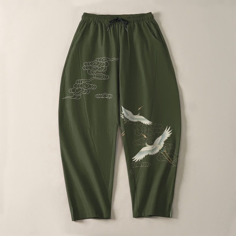 Buddha Stones Pure Cotton White Crane Clouds Pattern Drawstring Men's Tapered Pants With Pockets