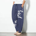 Buddha Stones Pure Cotton Flying Crane Pattern Drawstring Men's Tapered Pants With Pockets