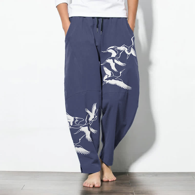 Buddha Stones Pure Cotton Flying Crane Pattern Drawstring Men's Tapered Pants With Pockets