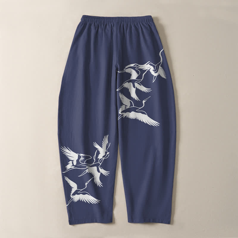Buddha Stones Pure Cotton Flying Crane Pattern Drawstring Men's Tapered Pants With Pockets