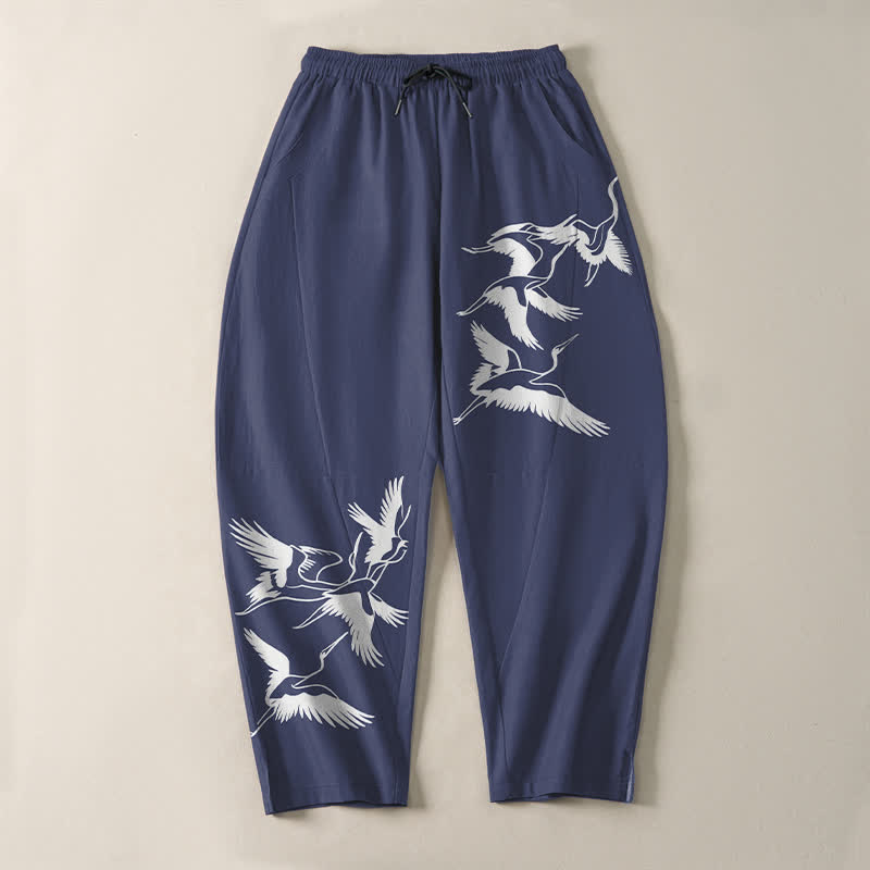 Buddha Stones Pure Cotton Flying Crane Pattern Drawstring Men's Tapered Pants With Pockets