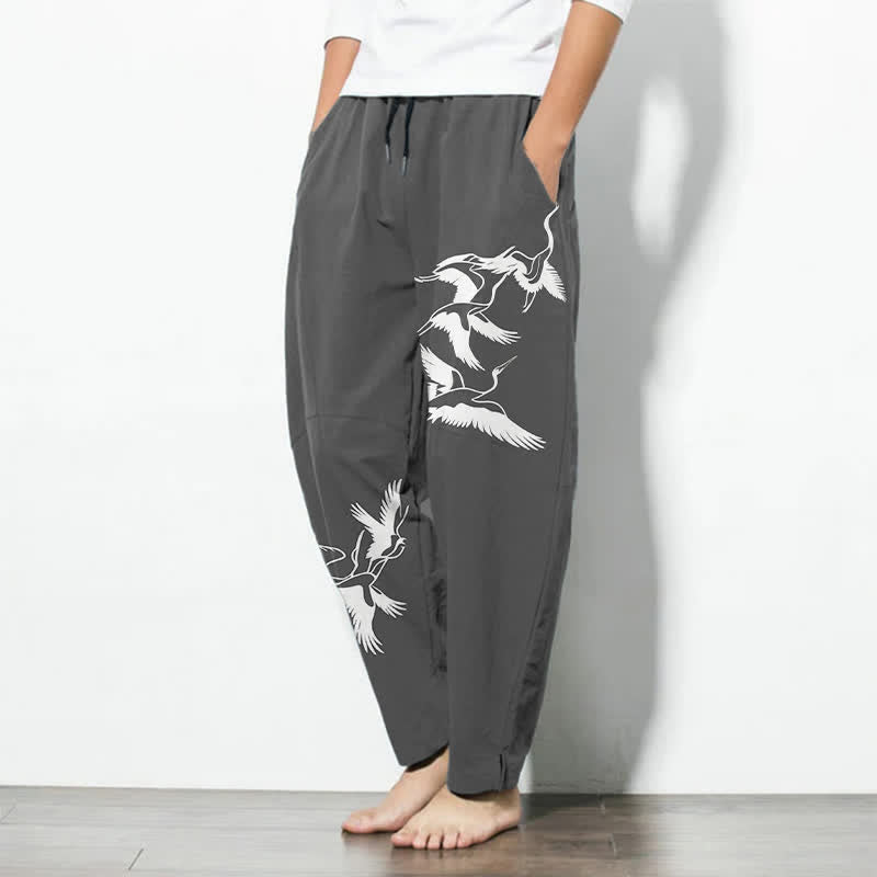 Buddha Stones Pure Cotton Flying Crane Pattern Drawstring Men's Tapered Pants With Pockets