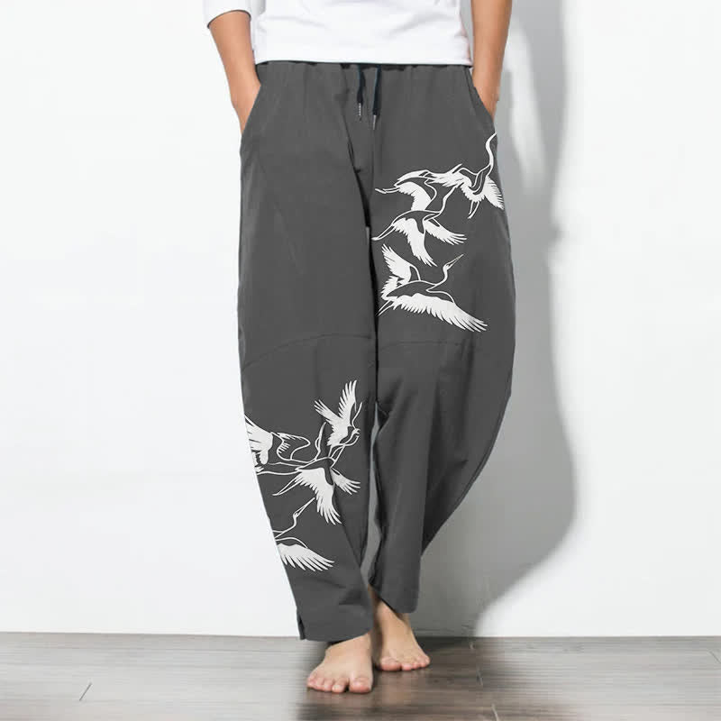 Buddha Stones Pure Cotton Flying Crane Pattern Drawstring Men's Tapered Pants With Pockets