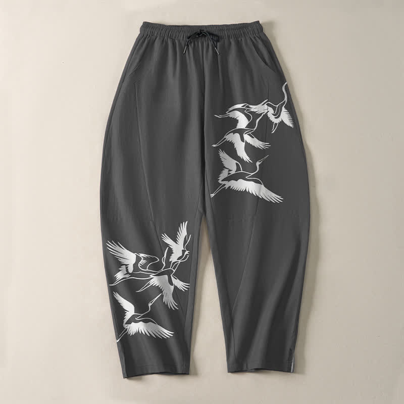 Buddha Stones Pure Cotton Flying Crane Pattern Drawstring Men's Tapered Pants With Pockets
