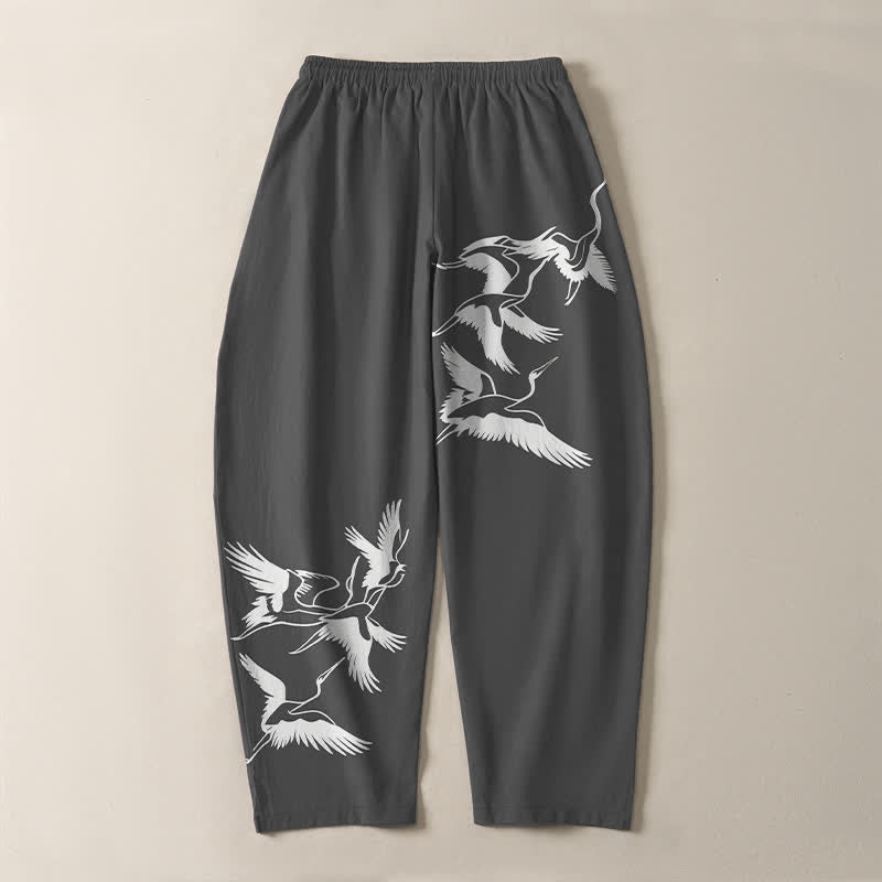 Buddha Stones Pure Cotton Flying Crane Pattern Drawstring Men's Tapered Pants With Pockets