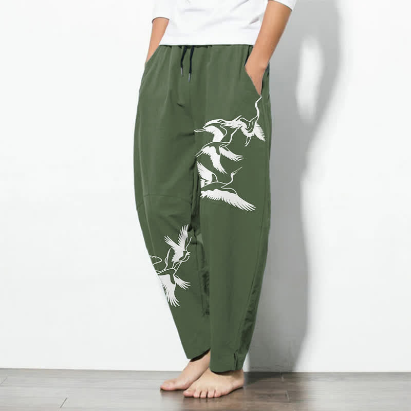 Buddha Stones Pure Cotton Flying Crane Pattern Drawstring Men's Tapered Pants With Pockets