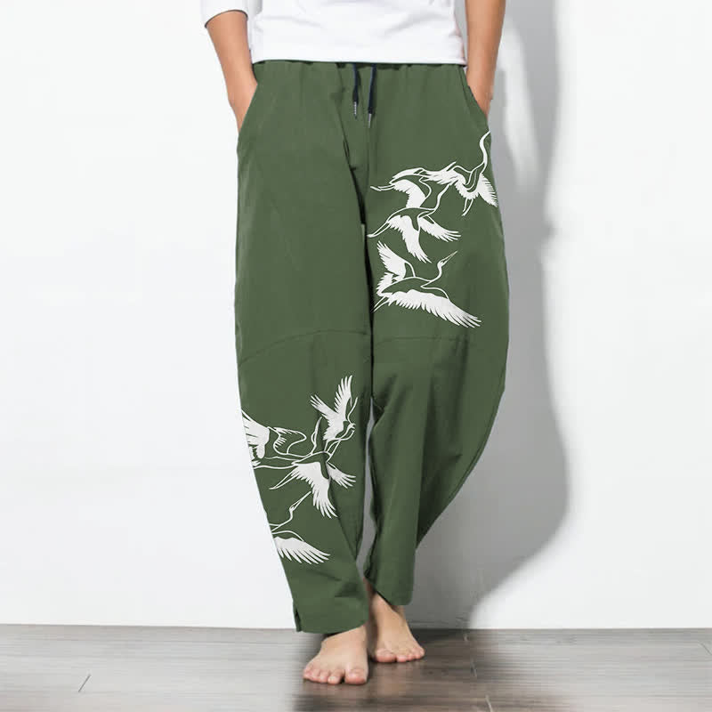 Buddha Stones Pure Cotton Flying Crane Pattern Drawstring Men's Tapered Pants With Pockets
