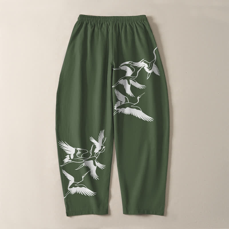 Buddha Stones Pure Cotton Flying Crane Pattern Drawstring Men's Tapered Pants With Pockets