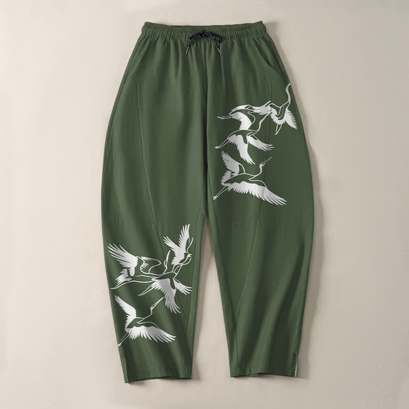 Buddha Stones Pure Cotton Flying Crane Pattern Drawstring Men's Tapered Pants With Pockets