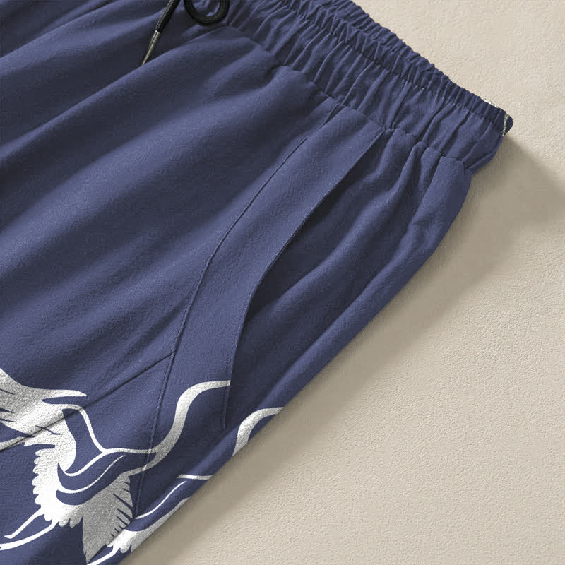 Buddha Stones Pure Cotton Flying Crane Pattern Drawstring Men's Tapered Pants With Pockets