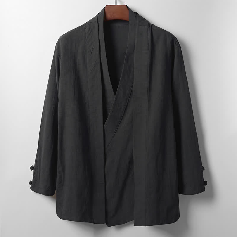 Buddha Stones Spring Casual Minimalist Solid Lapel Ramie Men's Kimono
