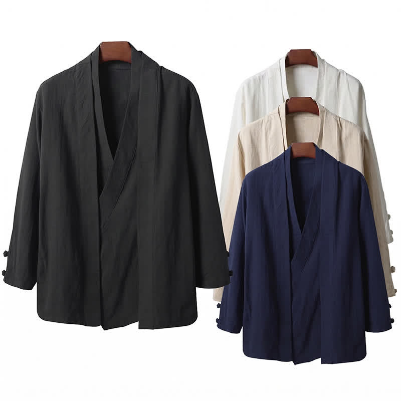 Buddha Stones Spring Casual Minimalist Solid Lapel Ramie Men's Kimono