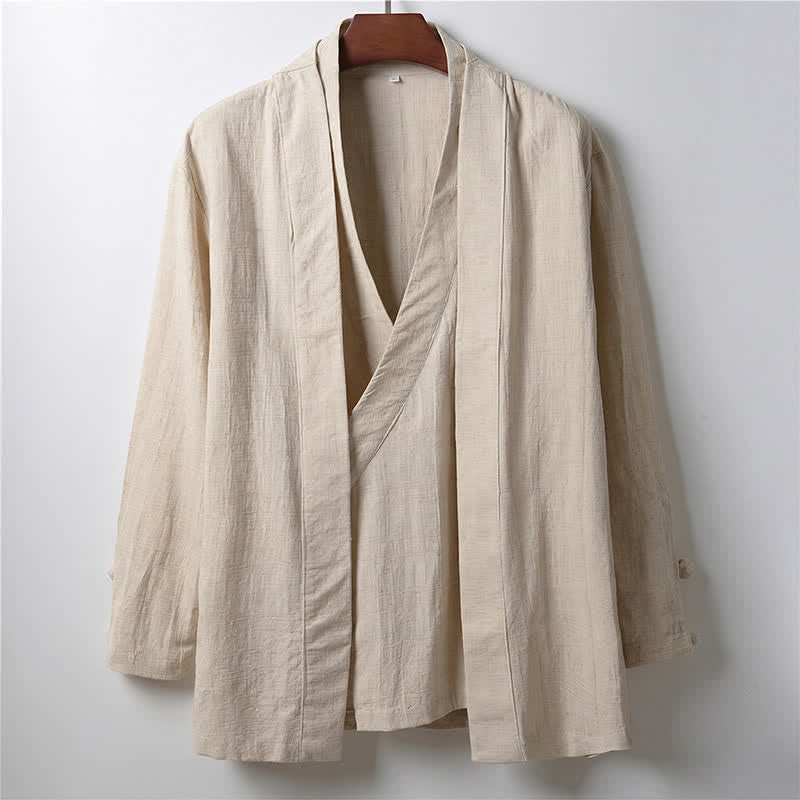 Buddha Stones Spring Casual Minimalist Solid Lapel Ramie Men's Kimono