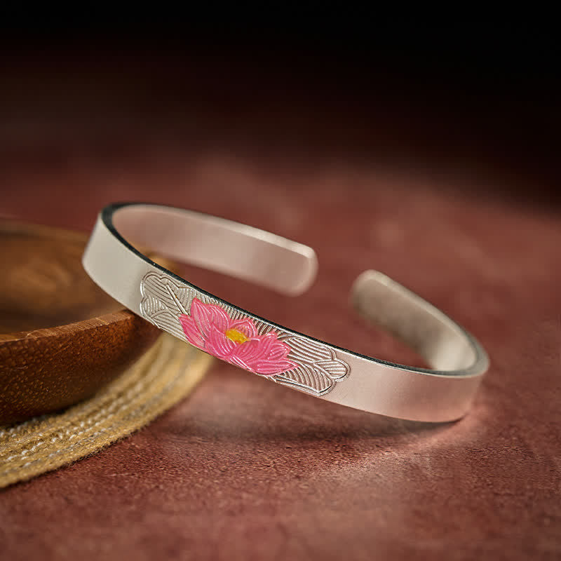 Buddha Stones Copper Lotus Enamel Open Cuff Enlightenment Bracelet