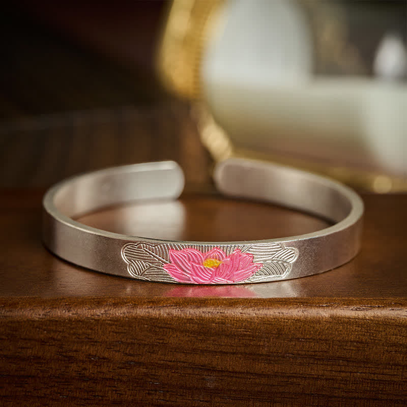 Buddha Stones Copper Lotus Enamel Open Cuff Enlightenment Bracelet
