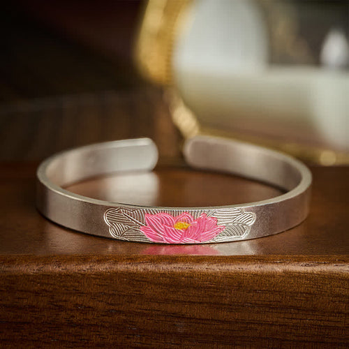Buddha Stones Copper Lotus Enamel Open Cuff Enlightenment Bracelet