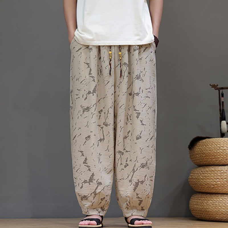 Buddha Stones Summer Casual Minimalist Drawstring Abstract Texture Pattern Ankle Pants Men's Harem Pants With Pocket