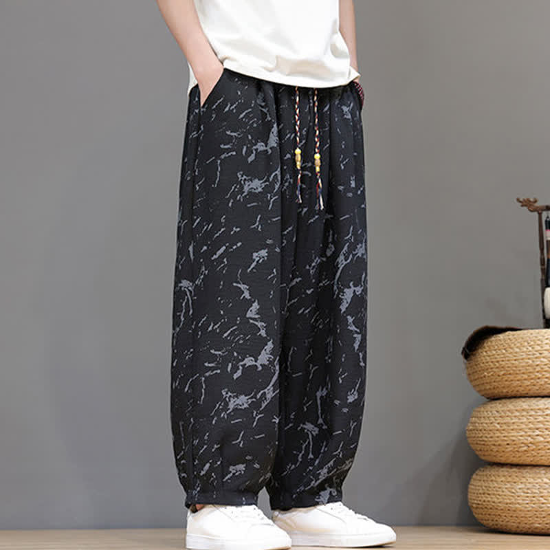 Buddha Stones Summer Casual Minimalist Drawstring Abstract Texture Pattern Ankle Pants Men's Harem Pants With Pocket