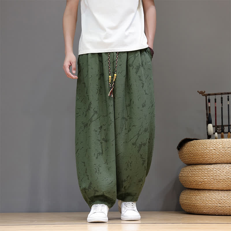 Buddha Stones Summer Casual Minimalist Drawstring Abstract Texture Pattern Ankle Pants Men's Harem Pants With Pocket