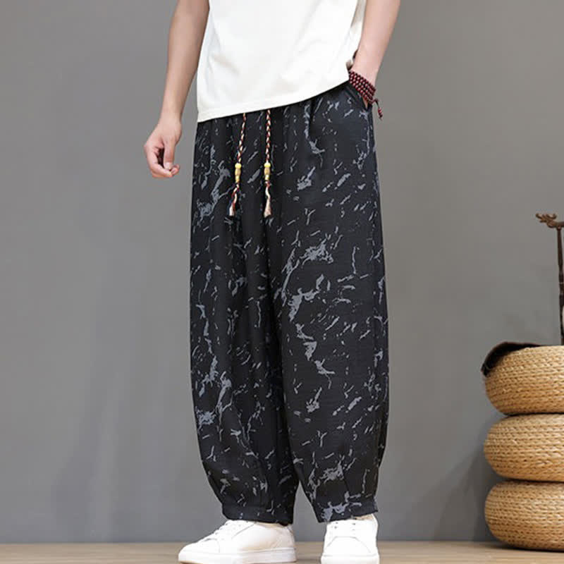 Buddha Stones Summer Casual Minimalist Drawstring Abstract Texture Pattern Ankle Pants Men's Harem Pants With Pocket