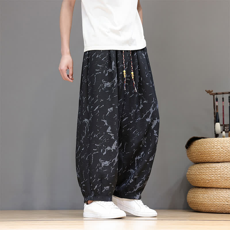 Buddha Stones Summer Casual Minimalist Drawstring Abstract Texture Pattern Ankle Pants Men's Harem Pants With Pocket