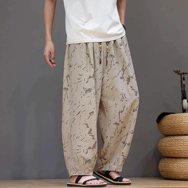 Buddha Stones Summer Casual Minimalist Drawstring Abstract Texture Pattern Ankle Pants Men's Harem Pants With Pocket