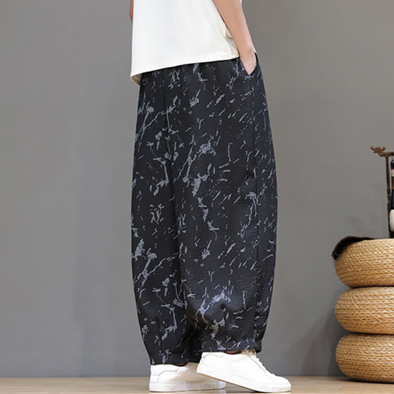 Buddha Stones Summer Casual Minimalist Drawstring Abstract Texture Pattern Ankle Pants Men's Harem Pants With Pocket