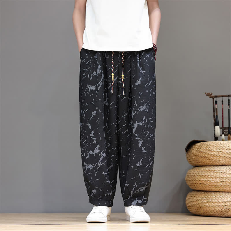 Buddha Stones Summer Casual Minimalist Drawstring Abstract Texture Pattern Ankle Pants Men's Harem Pants With Pocket