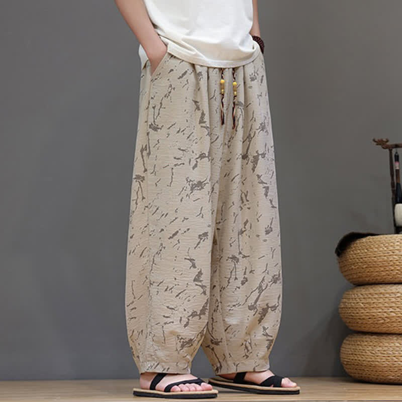 Buddha Stones Summer Casual Minimalist Drawstring Abstract Texture Pattern Ankle Pants Men's Harem Pants With Pocket