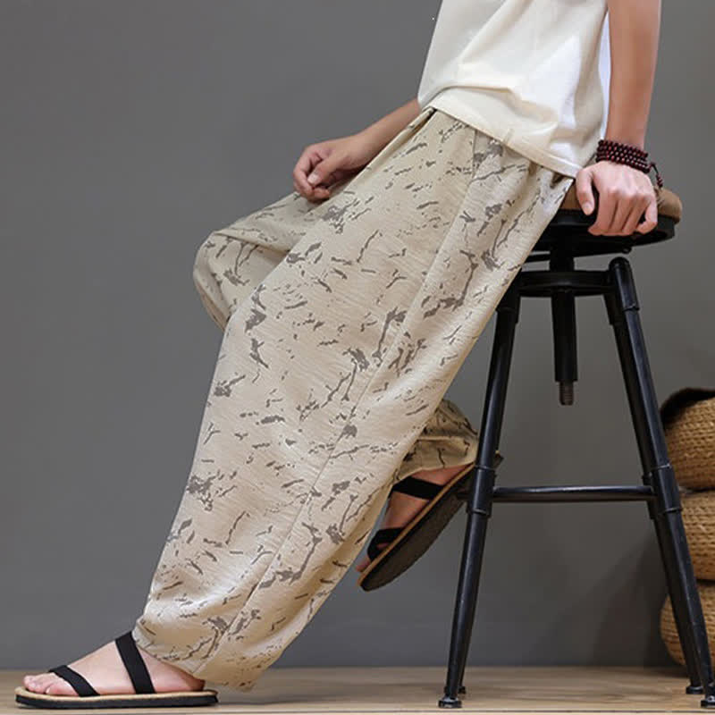 Buddha Stones Summer Casual Minimalist Drawstring Abstract Texture Pattern Ankle Pants Men's Harem Pants With Pocket