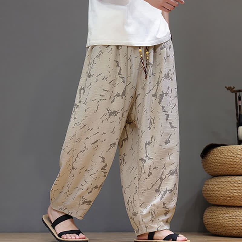 Buddha Stones Summer Casual Minimalist Drawstring Abstract Texture Pattern Ankle Pants Men's Harem Pants With Pocket