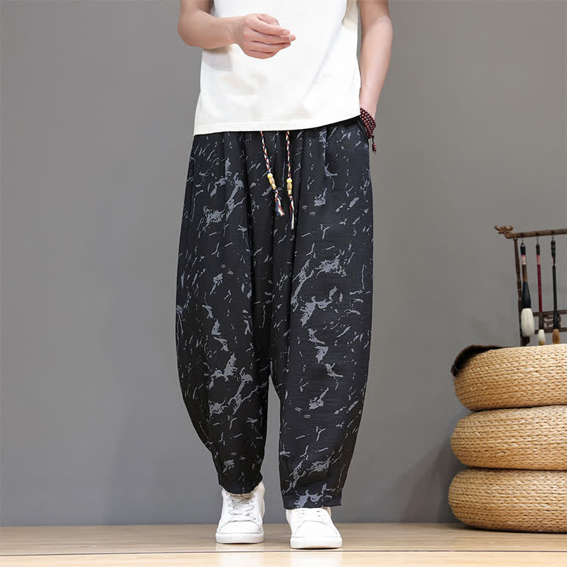 Buddha Stones Summer Casual Minimalist Drawstring Abstract Texture Pattern Ankle Pants Men's Harem Pants With Pocket