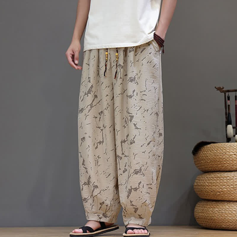 Buddha Stones Summer Casual Minimalist Drawstring Abstract Texture Pattern Ankle Pants Men's Harem Pants With Pocket