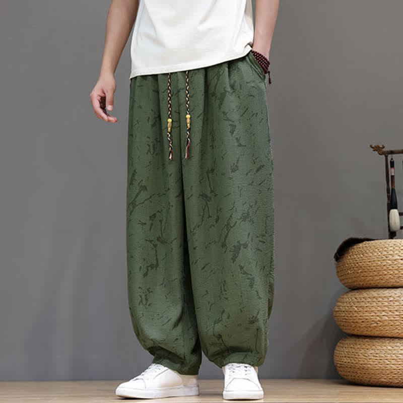 Buddha Stones Summer Casual Minimalist Drawstring Abstract Texture Pattern Ankle Pants Men's Harem Pants With Pocket