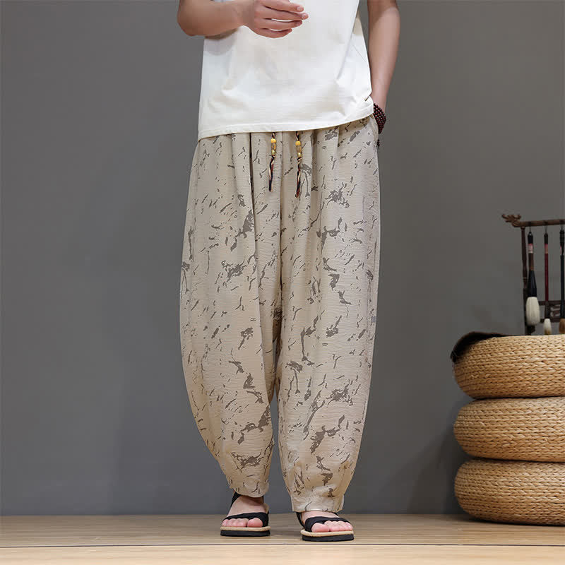 Buddha Stones Summer Casual Minimalist Drawstring Abstract Texture Pattern Ankle Pants Men's Harem Pants With Pocket