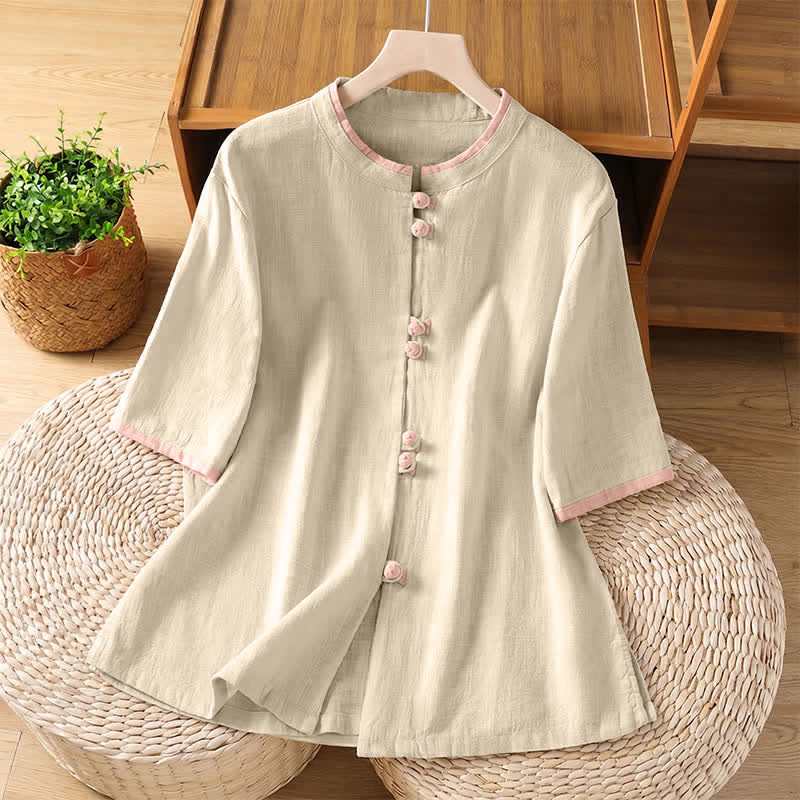 Buddha Stones Summer Tang Style Vintage Frog Button Crew Neck Contrast Women's Short Sleeve Shirts