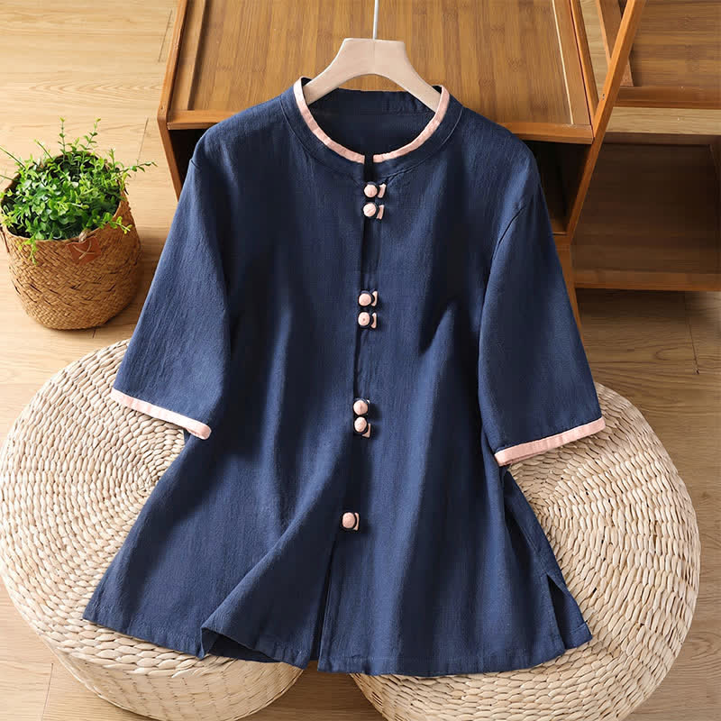 Buddha Stones Summer Tang Style Vintage Frog Button Crew Neck Contrast Women's Short Sleeve Shirts