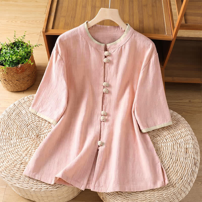 Buddha Stones Summer Tang Style Vintage Frog Button Crew Neck Contrast Women's Short Sleeve Shirts