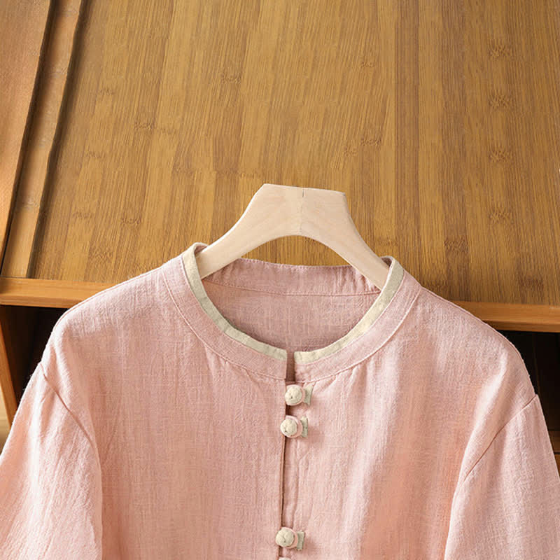 Buddha Stones Summer Tang Style Vintage Frog Button Crew Neck Contrast Women's Short Sleeve Shirts