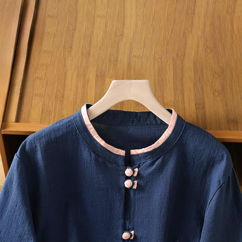 Buddha Stones Summer Tang Style Vintage Frog Button Crew Neck Contrast Women's Short Sleeve Shirts